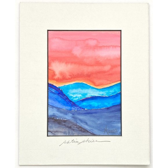 Satin Skies - Original Wall Art Watercolor Painting Matted Frame Ready 8”x10” - Picture 2 of 5